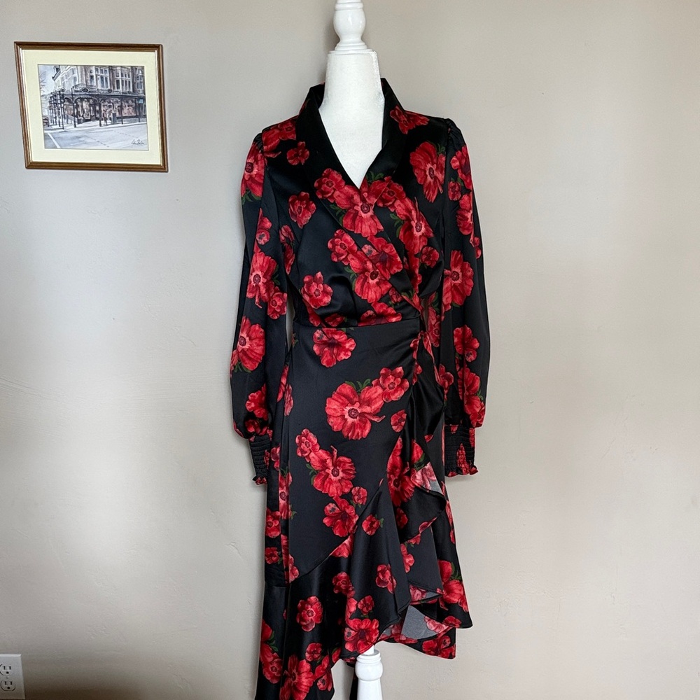 Rachel Parcell Black and Red Floral Long Sleeve Dress